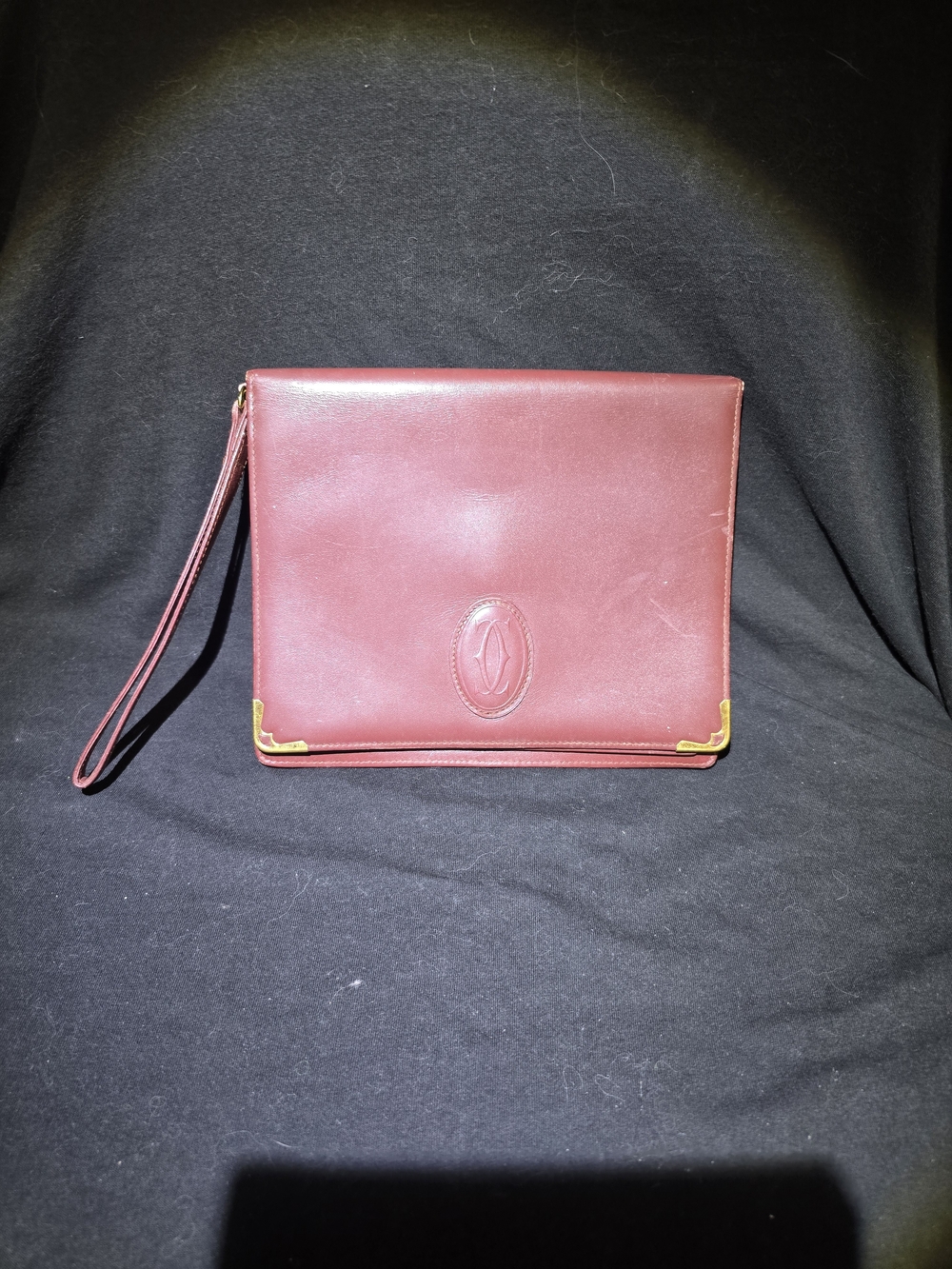 Vintage Cartier Clutch Bag In Bordeaux Leather with Iconic Double C Logo